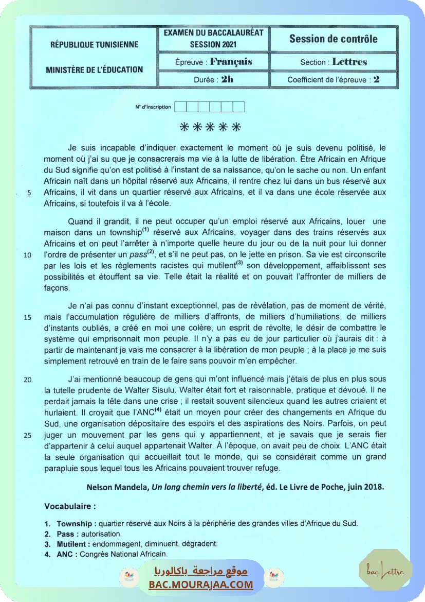 Sujet controle francais Bac 2021 – Section lettre